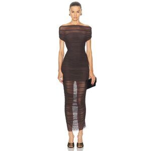 SEROYA Noel Off Shoulder Mesh Midi Dress in Ash Brown XSmall New Womens Stretch